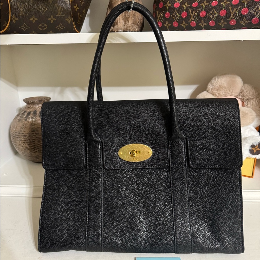 Black Leather Top-Handle Tote with Gold Hardware